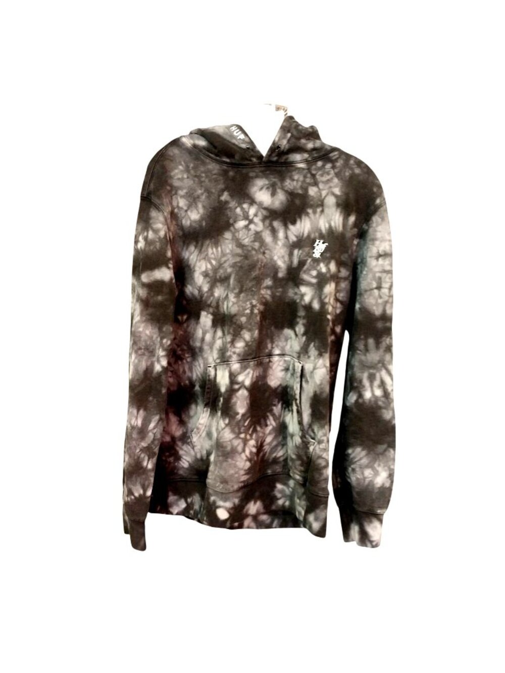 Huf Men Tie-Dye Hoodie Black & Gray Cotton Pullover With Embroidered Logo